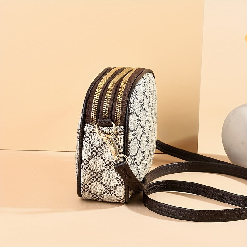 Three Layer Zipper Shoulder Bag - Small Round Mobile Phone Crossbody for Mother